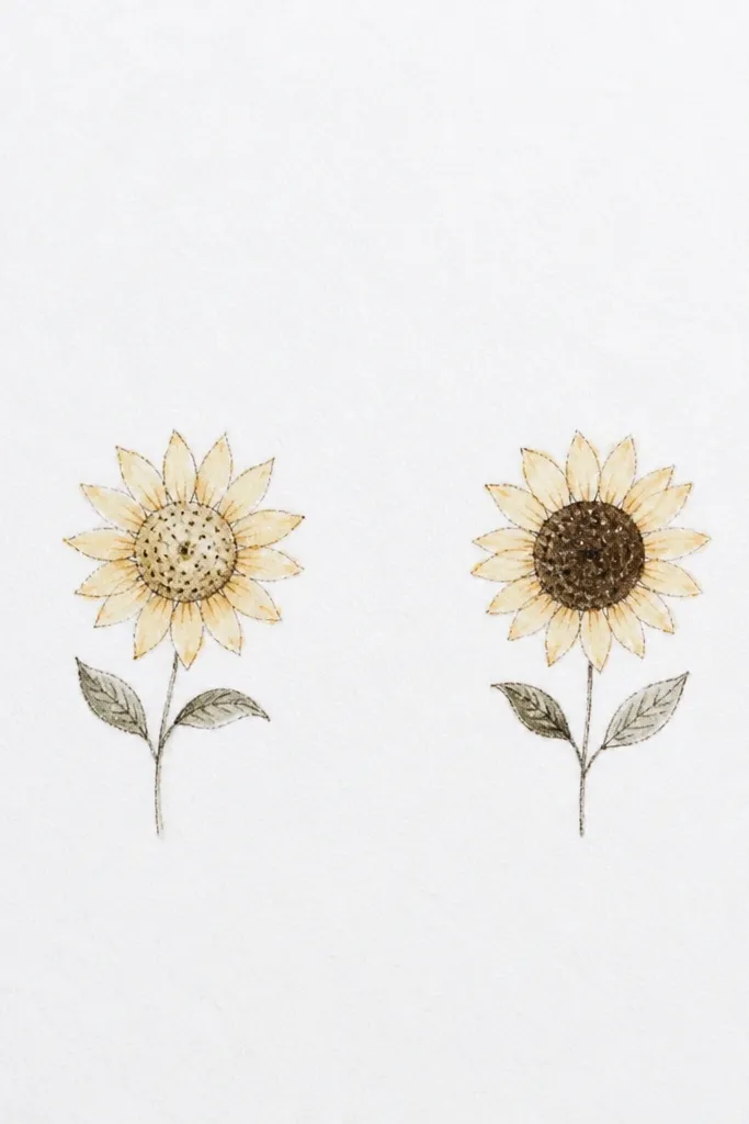 Two small minimalist sunflowers on white paper: the left has a lighter seed head, the right has a darker shaded seed center; petals are simple arcs with lots of white space.