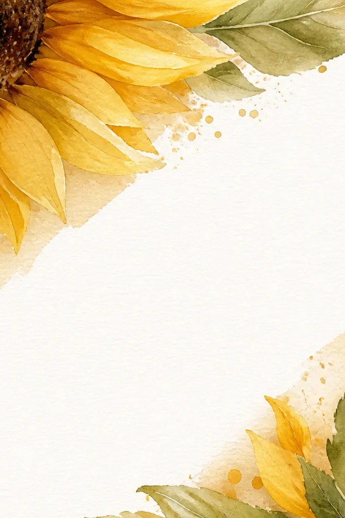 A sunflower drawn in the top-left corner with petals radiating inward; a clean negative space band runs diagonally across the page with no paint.