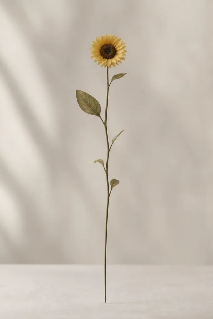 A single sunflower with small petals and a tall, thin stem that looks like handwritten calligraphy, tapering to a point.
