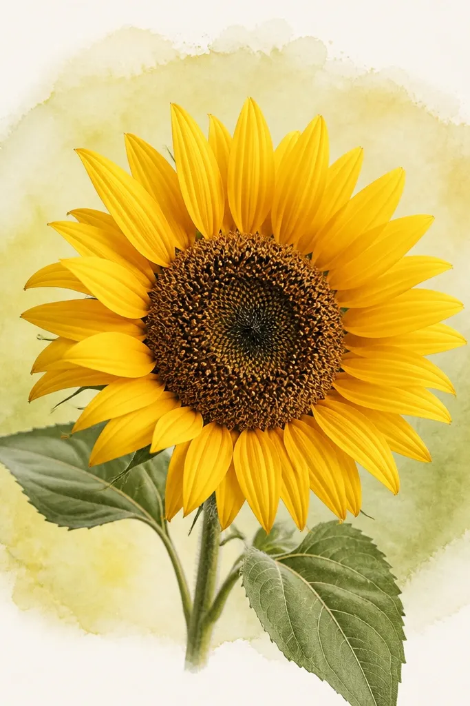 A sunflower surrounded by a soft circular watercolor halo in pale yellow-green; petals remain sharp and seed head has dry texture.