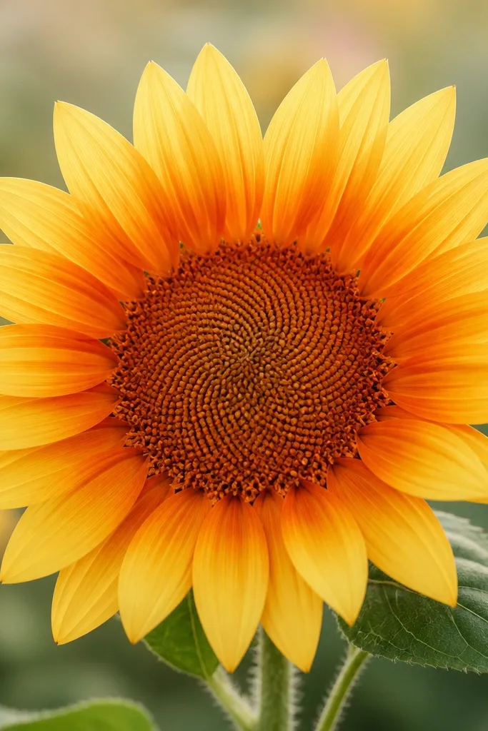 A sunflower where each petal arc has a gradient from pale yellow at the tip to deeper orange at the base; seed head is textured orange-brown.