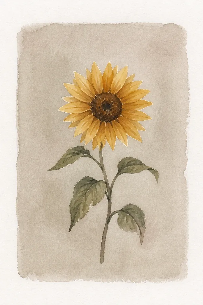 A muted gray-beige rectangle in the center of the page with a minimalist sunflower painted on top; the rectangle has soft watercolor edges.
