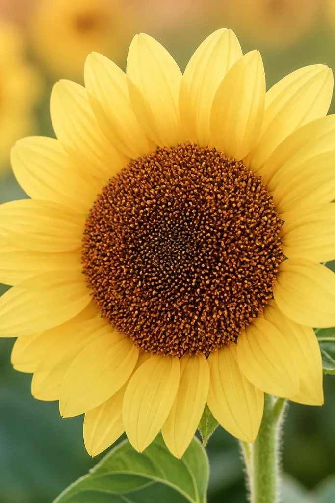 A sunflower with a seed head filled by small dots in warm brown and orange; petals are simple arcs in pale yellow.