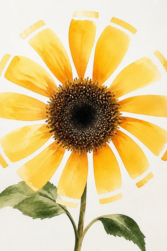 A sunflower where petal arcs are drawn with watercolor edges that break at the tips, leaving white gaps like intentional design breaks.