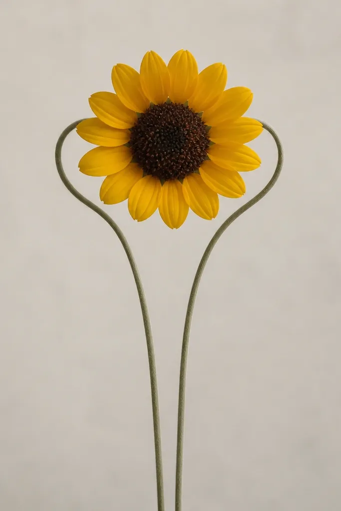 A minimalist sunflower with no leaves; two thin gray-green stems curl slightly near the top like parentheses, while petals are simple arcs.