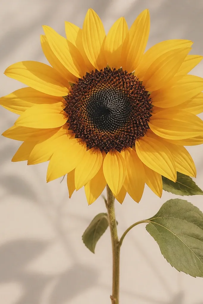 A sunflower where petals have a soft shadow wash beneath them, giving a layered look; seed head is textured and stems are thin.