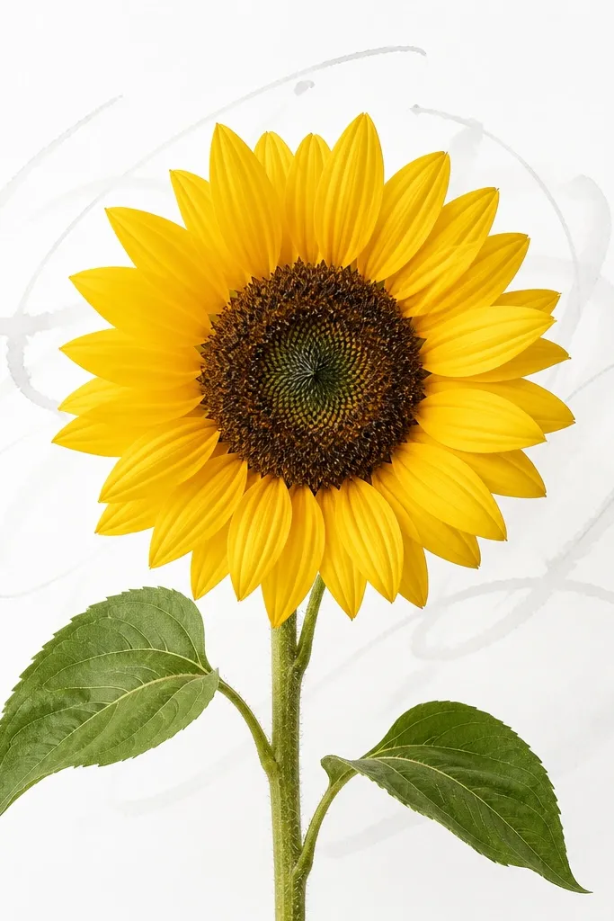 A clean sunflower centered on white paper with a few faint watercolor scribble lines behind it in pale gray, like loose motion marks.