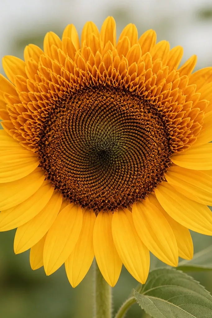 A sunflower where the top half has a band of repeated mini petal strokes, like a scalloped row, while the bottom remains simpler.