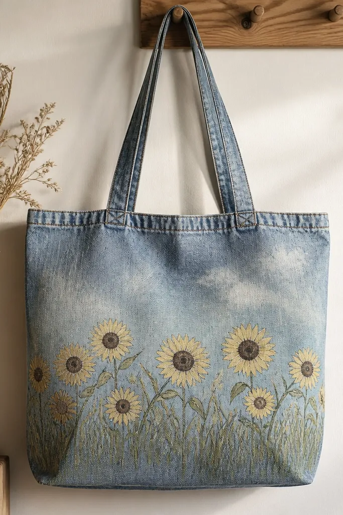 A faded blue denim tote bag with a hand-drawn sunflower field across the lower half; pale yellow petals, dark brown seed heads, and tall grass strokes in muted olive. The sky is a light wash with a few soft cloud smudges.