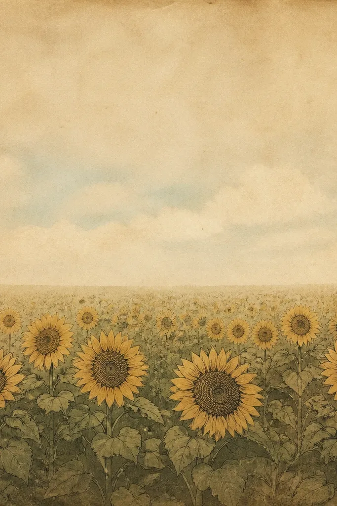 A sheet of aged-looking paper with a horizontal band of lighter sky, a soft horizon, and a sunflower field that fades from darker foreground greens to pale distant grass. Sunflowers have ink seed spirals and slightly irregular petals.