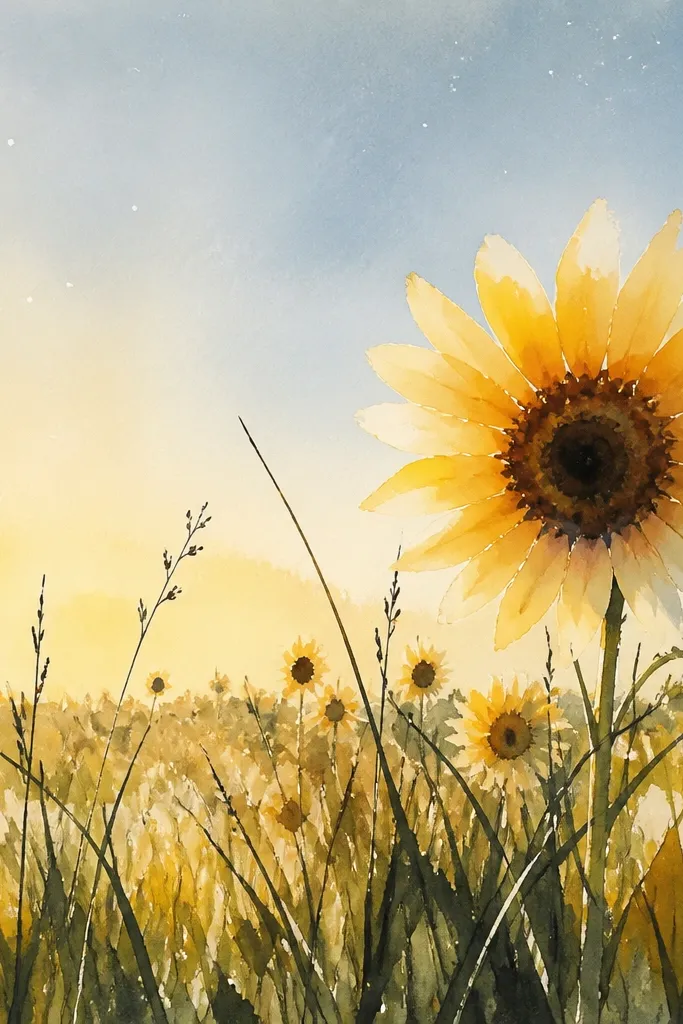 A loose watercolor sunflower field with soft edges; yellow petals fade at the tips, and black ink grass lines stick out sharply in the foreground. The sky is a pale gradient with tiny specks like dust.