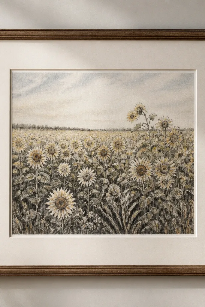A framed mat board with a sunflower field drawn in pencil then painted lightly; the horizon sits slightly above center. Foreground grass is darker and more detailed, with a few sunflowers reaching upward.