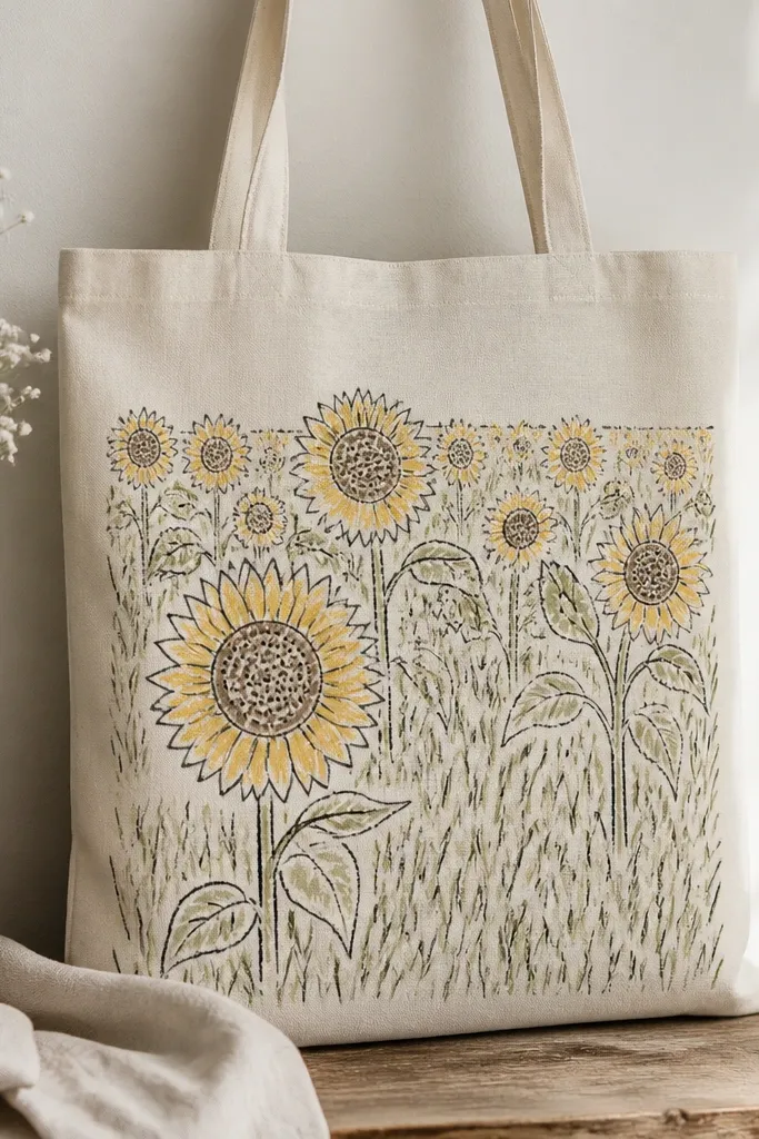 A light canvas tote with chalk marker lines defining a sunflower field; petals are lightly shaded in yellow, seed heads are dotted in brown, and grass is drawn with repeated short strokes. The look is slightly textured and hand-sketched.