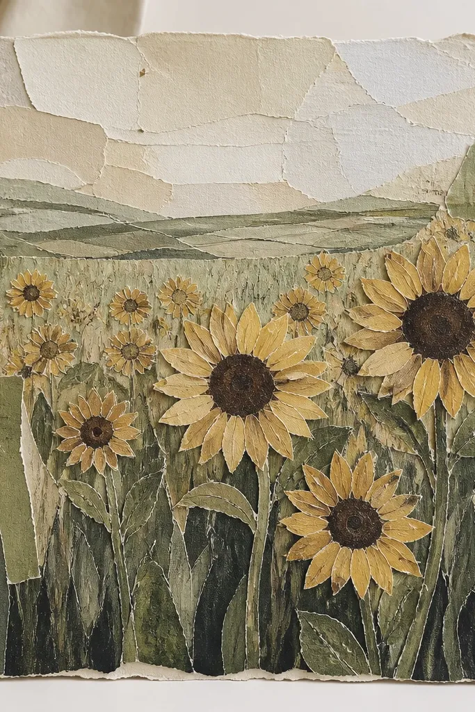 A collage panel made from torn book pages, with a sunflower field drawn over the text; the distant area fades into pale greens and the foreground has darker grass strokes. Sunflowers sit on top with visible paper layers around them.