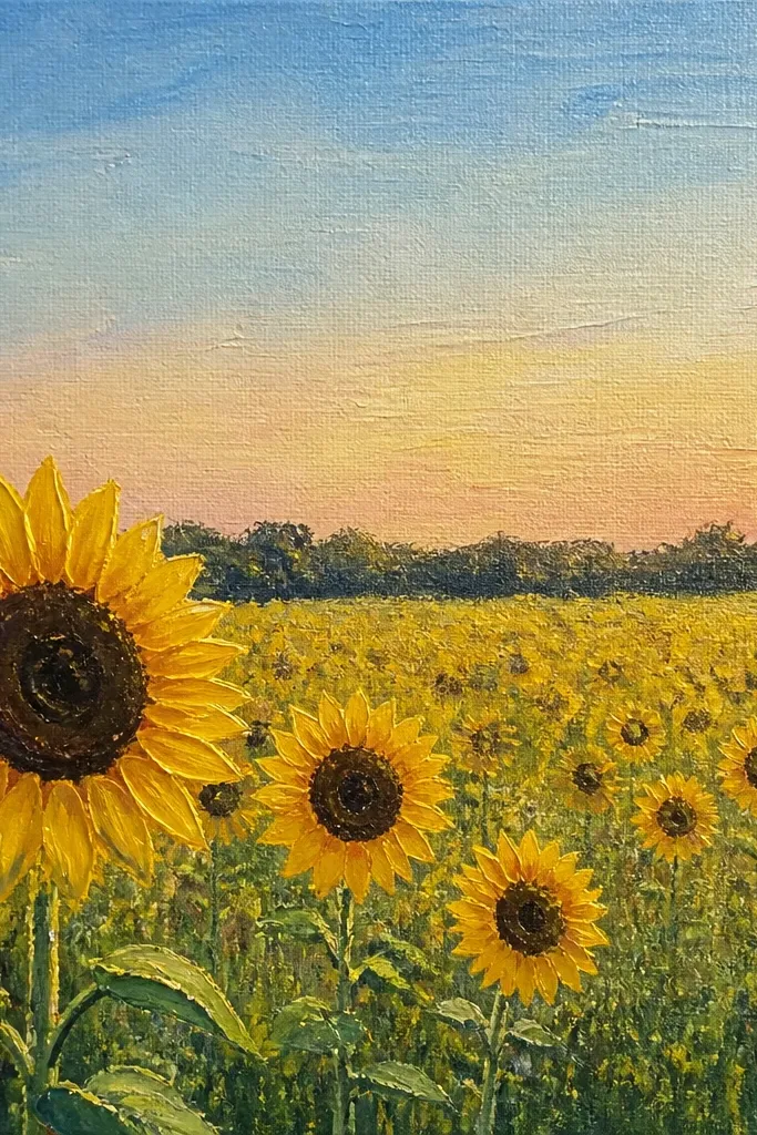 A textured gesso surface with a sunflower field painted in acrylic; the sky is a soft gradient, and grass looks speckled from dry-brush texture. Sunflowers are crisp in the foreground with dark centers.