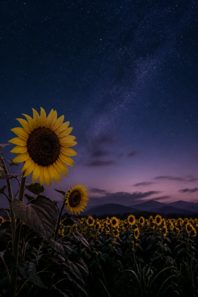 A night scene where the sky is deep navy with a soft lavender haze near the horizon. Sunflowers are still bright yellow with subtle glow, and grass is painted in dark charcoal with faint green highlights.