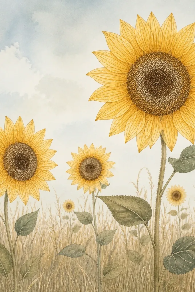 A sunflower field drawing where petals show faint leaf-vein patterns; the grass is drawn with thin lines, and the sky is a soft wash behind. The seed heads have stippled texture like pressed details.