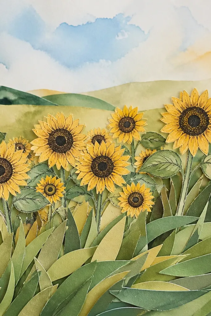 A mixed-media piece where paper cutouts form the sunflower field foreground; sunflowers are drawn on top, and the grass layer looks like overlapping paper strips. The background has a soft watercolor wash.