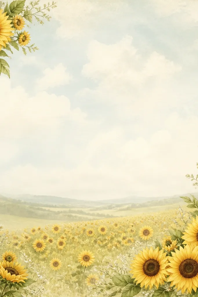 A drawing that uses a lace strip along the left and right edges, with sunflower clusters in the corners and a soft field across the center. The lace pattern is faintly visible and the sky wash is pale.