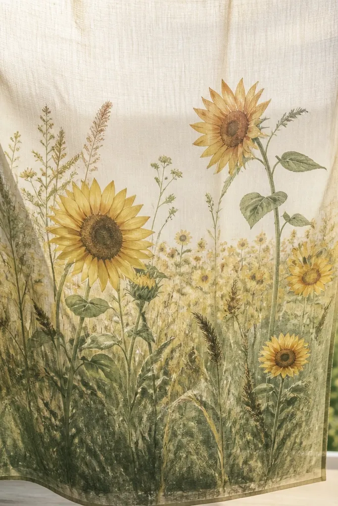 A semi-sheer fabric panel showing a sunflower field; the background is a light wash that looks brighter when held up to light. Foreground grass looks darker and more defined, with a few prominent sunflowers.