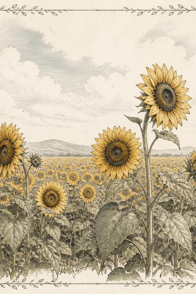 A sunflower field drawing with a thin botanical border of tiny leaves around the edges; the horizon sits around mid-height. Several sunflowers grow upward with stems and leaves drawn in a fine pen style.