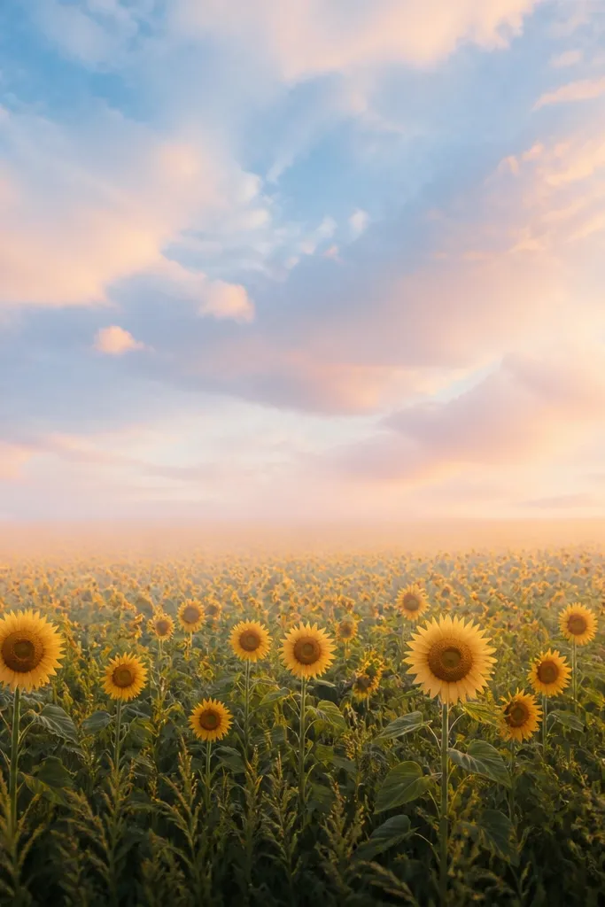 A sky filled with soft rolling cloud shapes in pale blue and peach washes. The sunflower field below has a hazy horizon, with darker grass strokes concentrated at the bottom and sunflowers fading as they go back.
