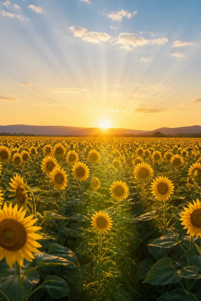 A sunflower field where thin sun rays (light yellow lines) fan out from behind the horizon. Petals near the center appear brighter, and grass is darker at the edges with lighter streaks in the middle.