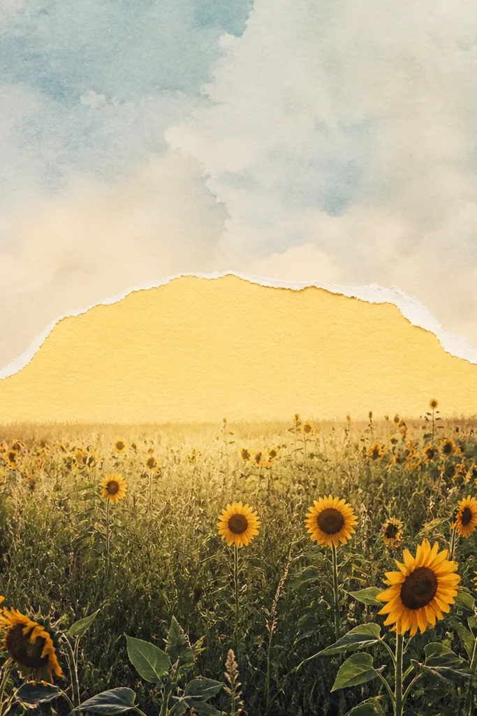 A mixed-media sunflower field with a torn paper patch of pale yellow placed near the horizon like sunlight. The sky is soft watercolor, and grass is darker around the patch, lighter where the torn paper sits.