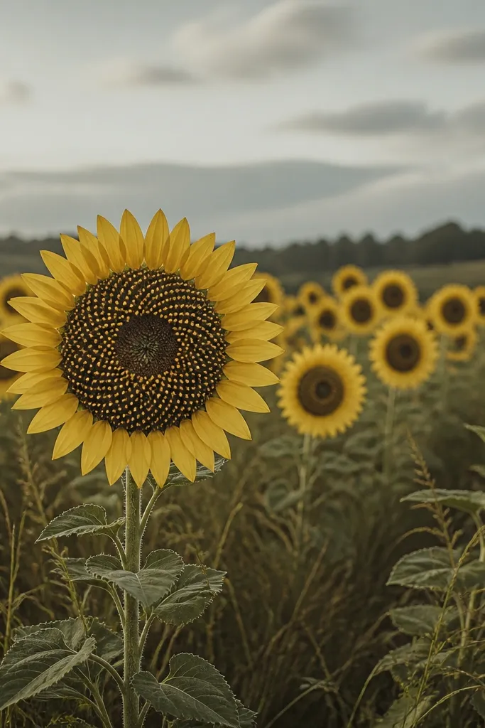 A sunflower field where seed heads are drawn in dark brown and dotted with metallic gold paint. The petals are matte yellow, and the grass is muted olive with a few darker clumps.