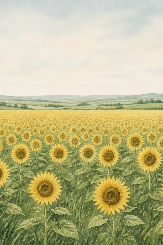 A sunflower field drawing created with consistent spacing: a neat horizon, evenly scaled sunflowers from foreground to distance, and grass strokes that align in direction. The sky is pale and the field is layered in soft greens.