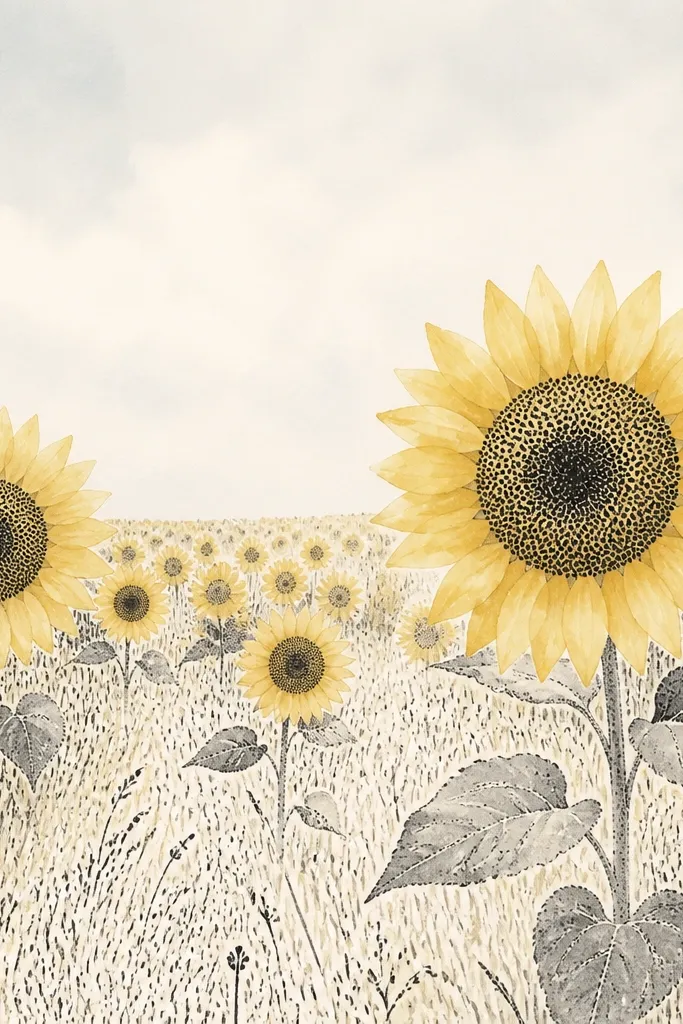 A sunflower field where seed heads are made from dense ink dots, not lines. Petals are lightly washed yellow, and grass is drawn with short ink strokes that fade into the distance.