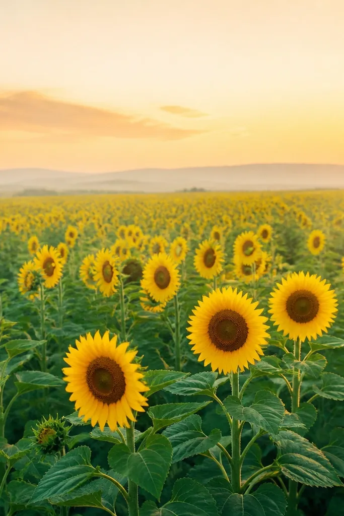 A sunflower field where grass strokes fade from dark green at the bottom to pale sage near the horizon. Sunflowers are bright yellow with brown seed heads, and the sky is a soft warm gradient.