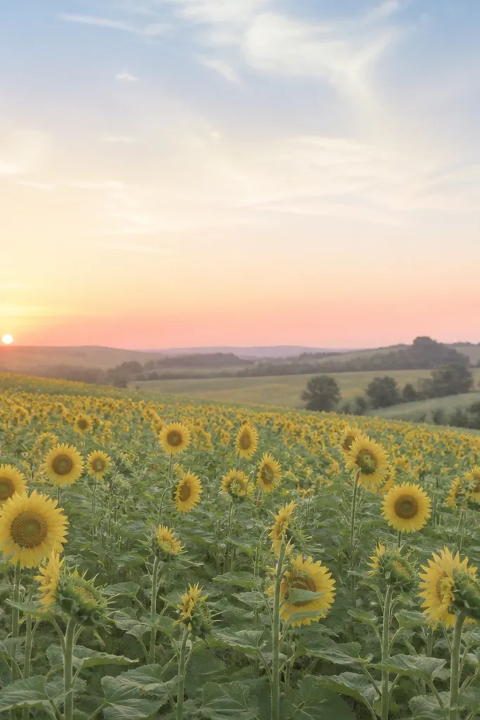 A sunflower field drawn with pastel-like washes: light pink and peach haze near the horizon, pale blue sky, and soft green grass. The sunflowers are slightly muted, with gentle outlines.