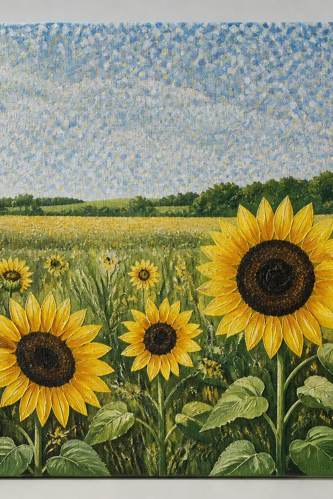 A sunflower field on canvas with a sky made from stippled fabric paint dots. The field has layered grasses, and sunflowers sit in front with clear petal shapes and dark seed heads.