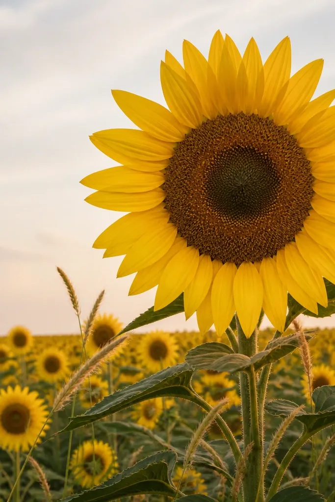 A sunflower field where one oversized sunflower dominates the foreground, with smaller blooms fading into the distance. Grass strokes frame the big flower, and the sky is a soft pale wash.