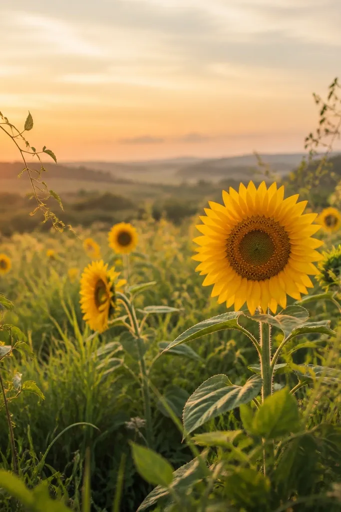 A sunflower field with extra wild leaves and a few vine-like strokes that curve into the scene from the sides. The horizon is soft and the grass is layered, with sunflowers as the main focal points.