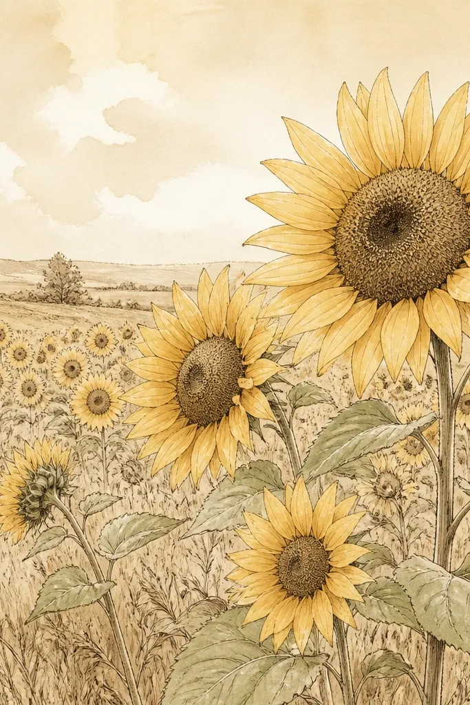 A sunflower field drawn with sepia ink for grass and seed texture, plus soft yellow and light green washes for petals and leaves. The overall palette looks warm and slightly faded.
