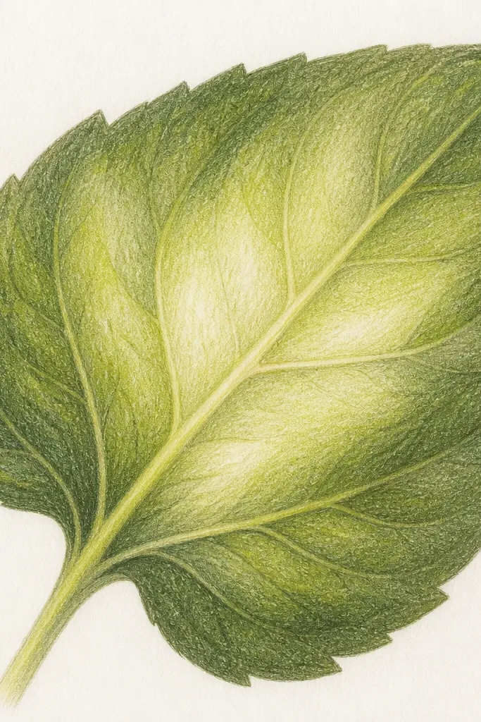 A close-up drawing of a sunflower leaf: the leaf outline is light gray, the center vein is pale yellow-green, and the edges deepen to olive. The shading looks layered with visible pencil grain, and the highlight near the vein is slightly lifted.