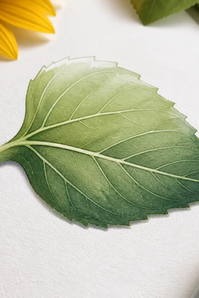 A sunflower leaf drawn with smooth marker shading: the center is pale sage, the underside edge is a darker cool green, and the vein lines are crisp. The highlight is left uncolored near the top edge.