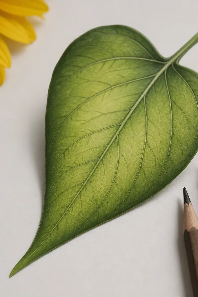 A curved sunflower leaf where the mid-tone is marker smooth, but the veins are drawn in crisp pencil. The edge has a darker marker shadow and the center has a soft gradient.