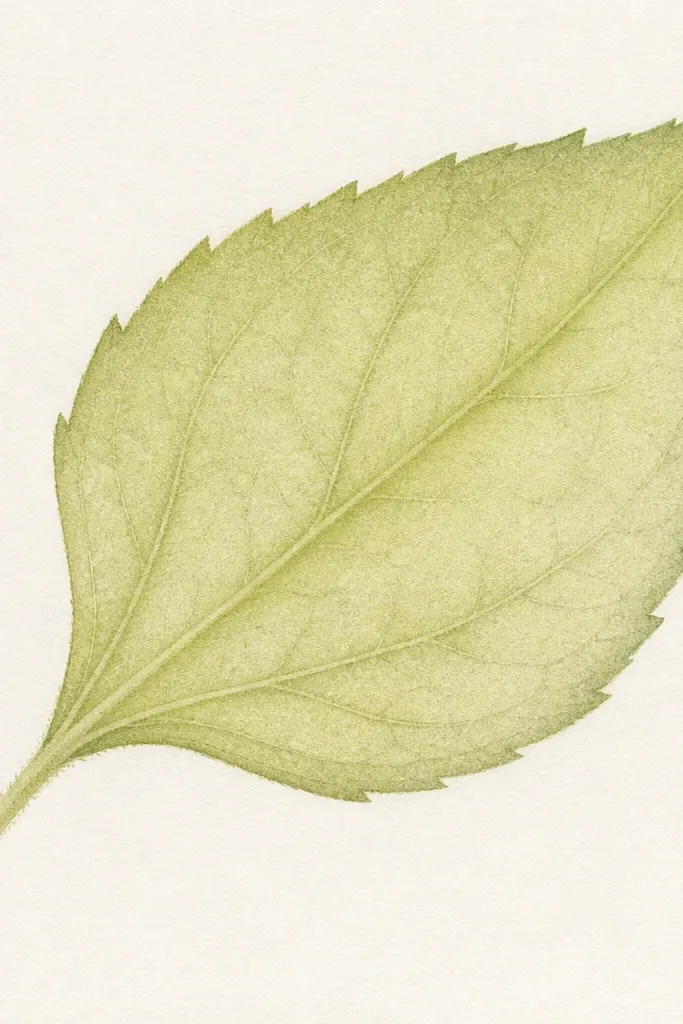 A sunflower leaf drawn with a cool, pale yellow-green tone. The shading is light and grainy, showing paper texture, with a darker green edge and a subtle vein line.
