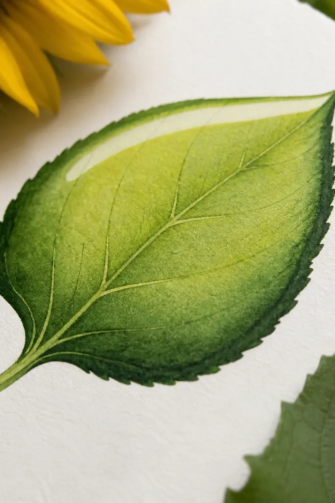 A sunflower leaf with a pale top highlight strip left blank, a smooth marker gradient in the center, and a dark forest edge line. Veins are lightly sketched and lightly colored.