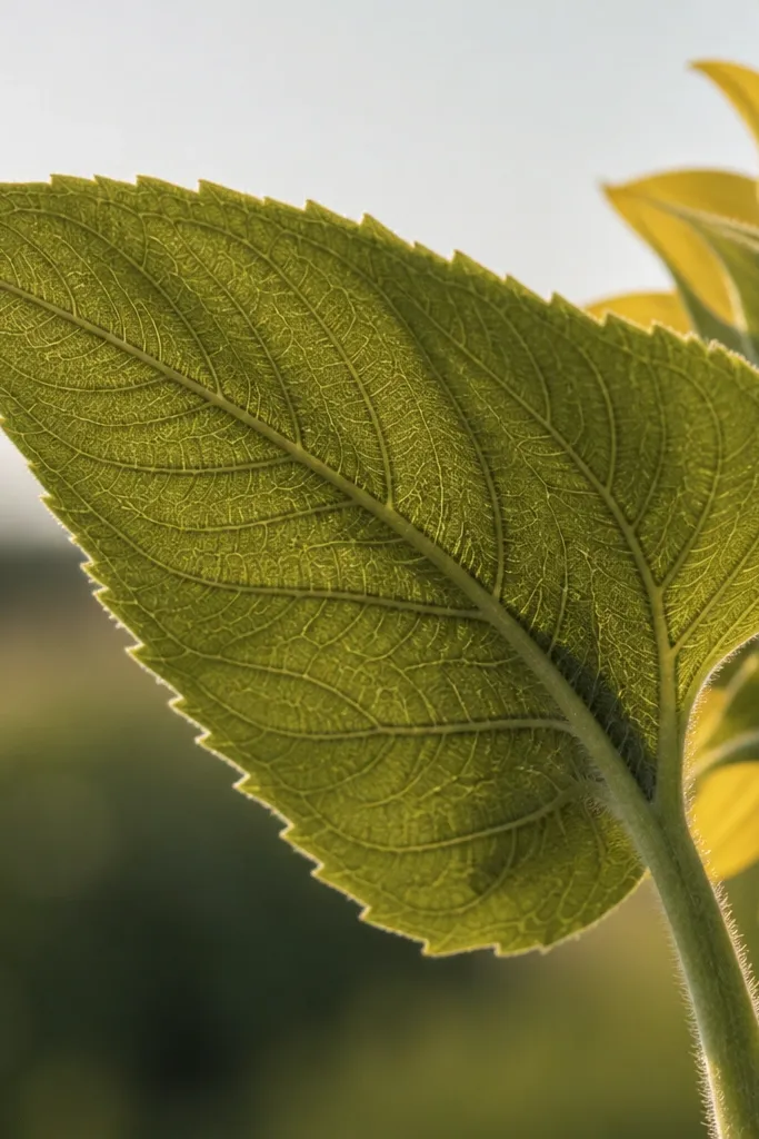 A sunflower leaf viewed from an angle: the underside is shaded with crosshatch lines in olive and a few darker spots near the vein. The top edge is lighter with a thin highlight.