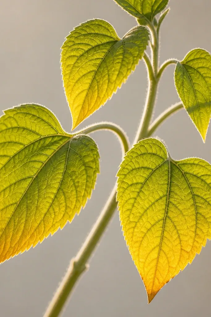 A set of sunflower leaves where the leaf body is yellow-green pencil, and the lower edges have a warm amber tint like reflected sunflower petals. Veins are pencil, and the edges glow slightly.