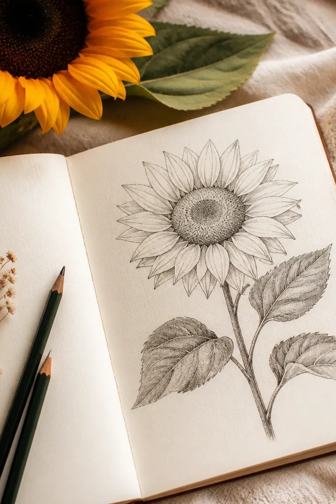 Cozy sunflower leaves drawing sketches