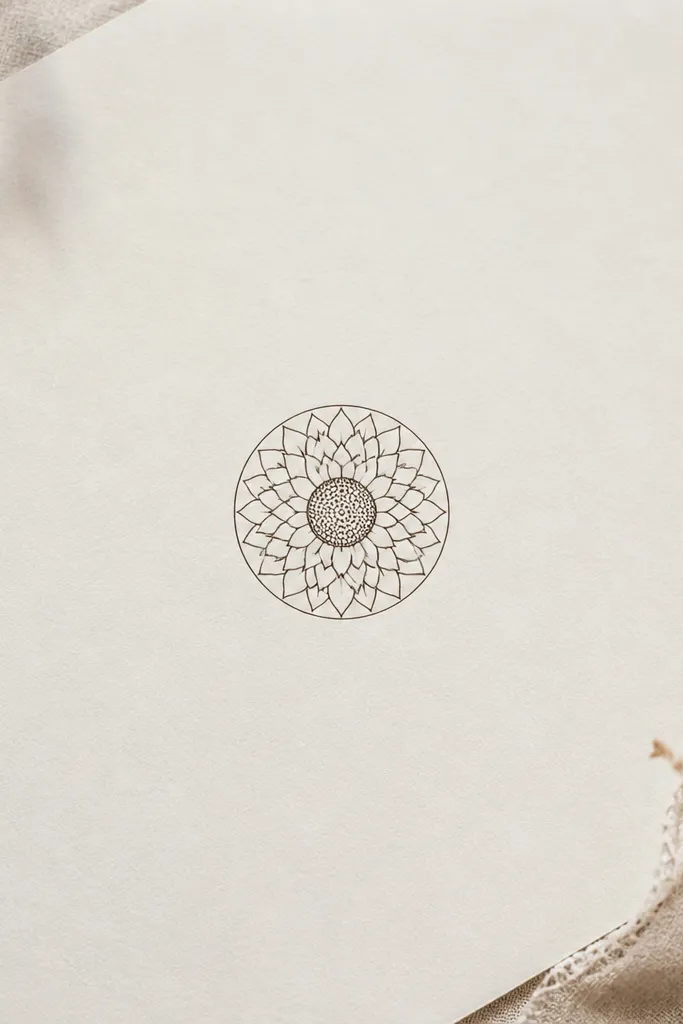 A sheet with a small sunflower in the middle. The center is a tight circle filled with evenly spaced dots like a stipple pattern. Around it are three rings of sunflower leaves drawn as teardrops, each ring slightly larger. The outer ring has a thin circular border line.