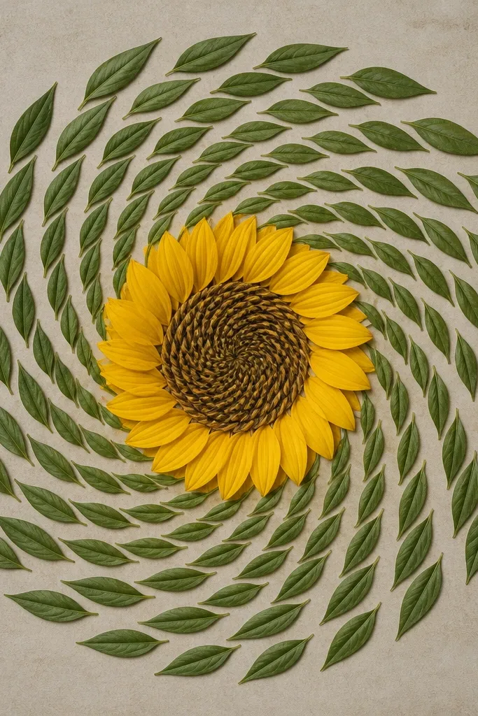 A sunflower mandala where the leaves form a spiral path outward from the center. The center is shaded with short, curved strokes like tiny feathers. Leaf shapes are drawn as narrow ovals with pointed ends, following the spiral direction.
