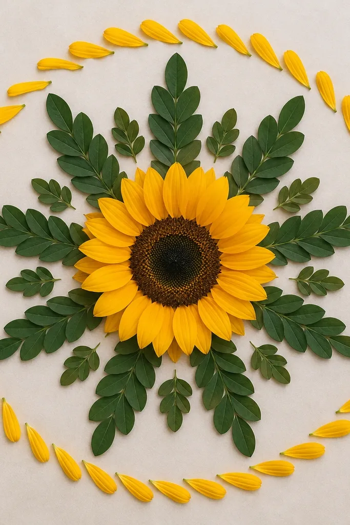 A centered sunflower mandala with a ring of leaves that alternate between tall and short heights. The leaves look like stacked teardrops. Around the outside is a wreath-like border made from small curved petals.