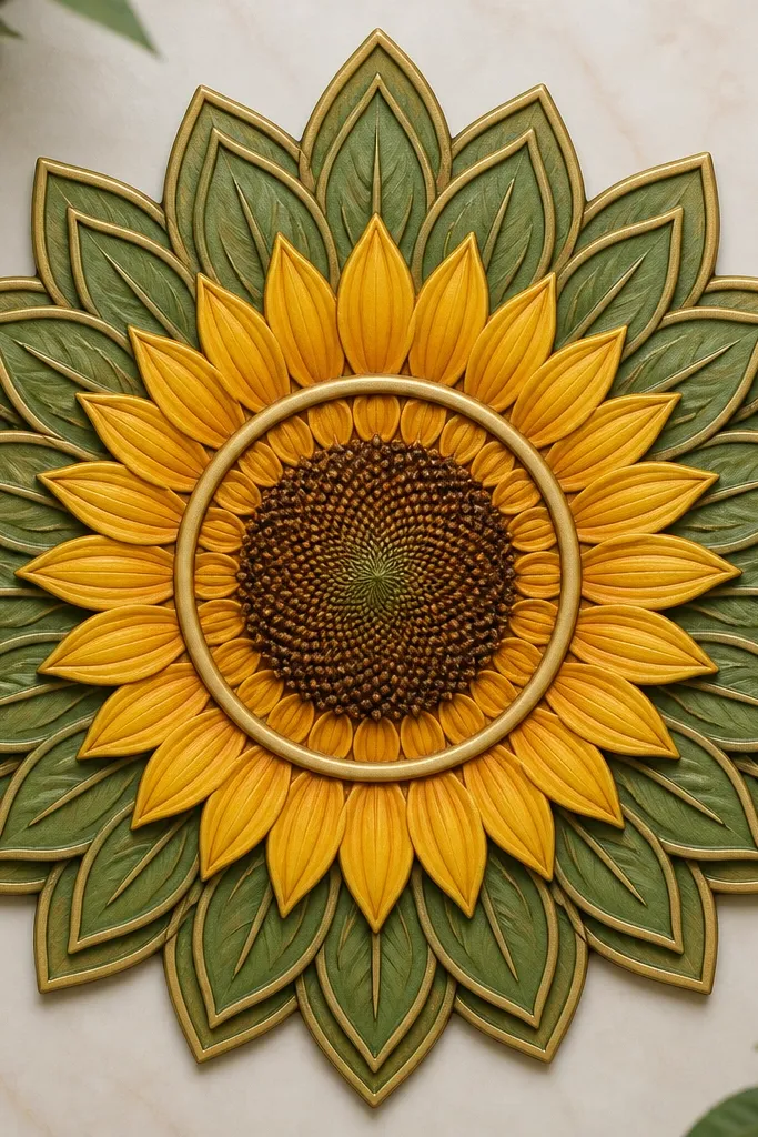A sunflower mandala with two layers of leaves. Each leaf has an inner outline and an outer outline, creating a double border effect. There is a thin halo circle between the center and the leaf layers.