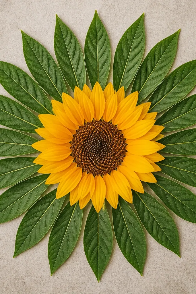 A wheel-like sunflower mandala where leaf shapes radiate outward in straight-ish rays. Each leaf has a pointed tip and is aligned like spokes. The center is a small circle filled with tiny seed marks.